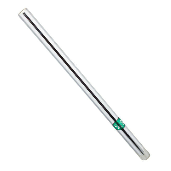 Silver cylindrical object with a green label on a white background