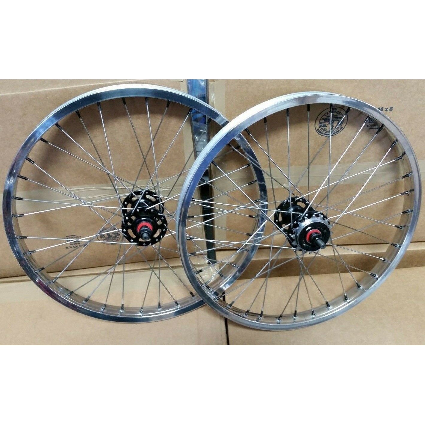 20" 7X style Sealed Road Flange BMX Wheelset w/ 16t Freewheel - Pair - Polished / Black