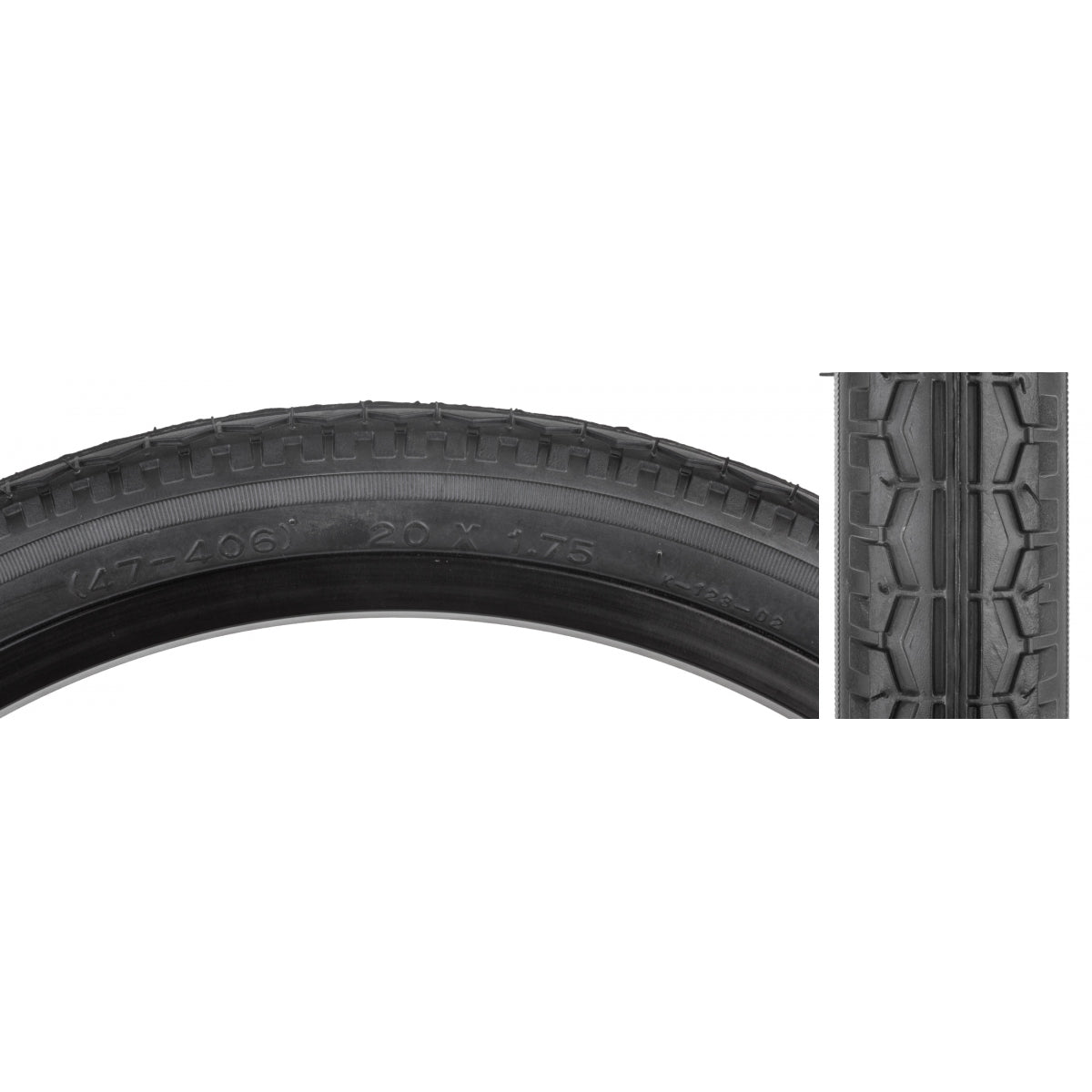 Close-up of a tire with tread pattern details on a white background