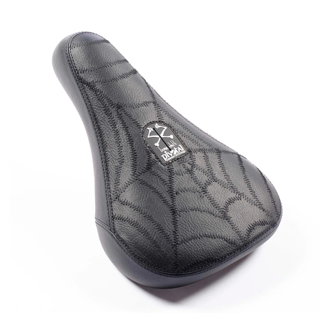 Black textured bicycle seat with a brand logo on a white background