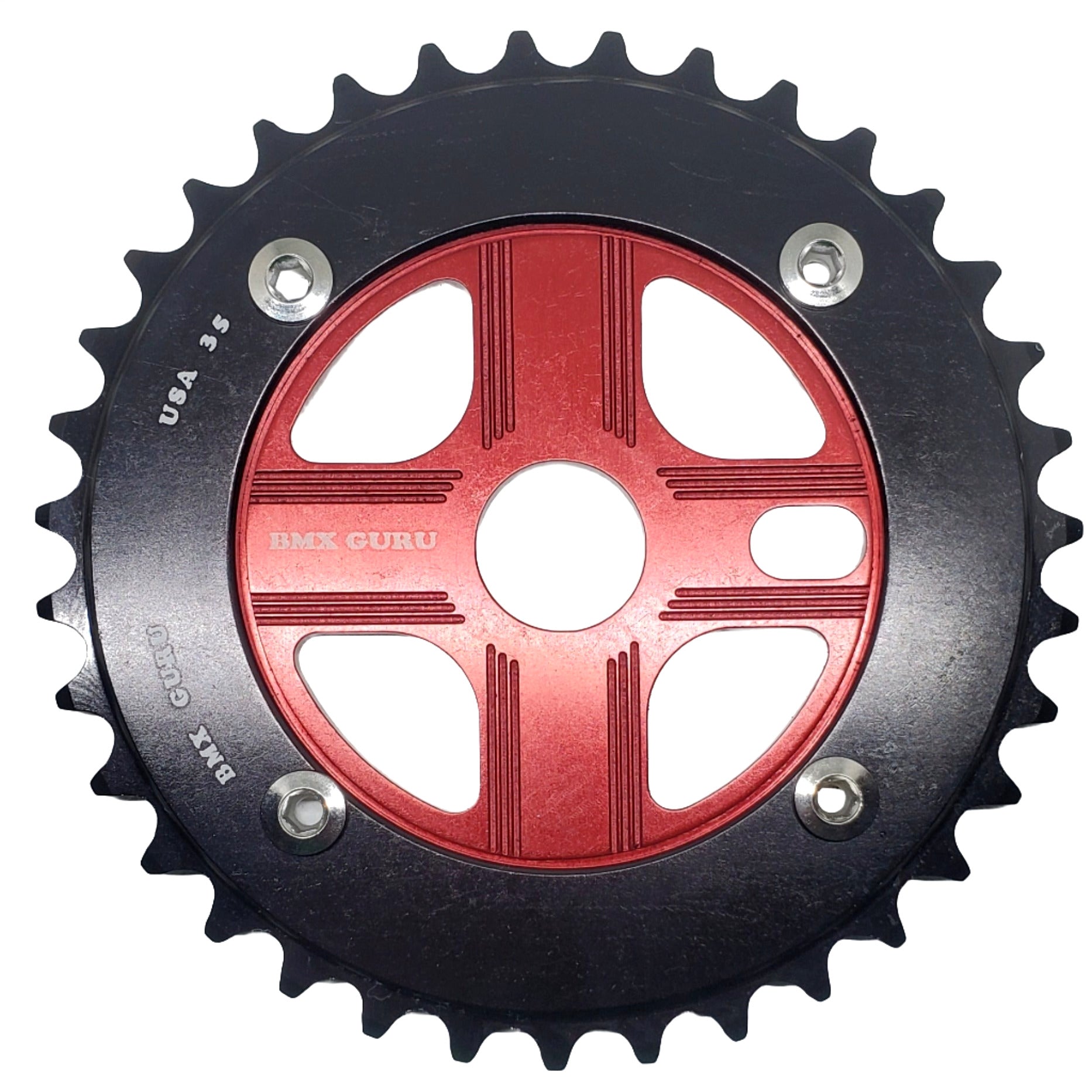 BMXGuru 35T Aluminum Spider & 4-bolt Chainring Combo - Black over Red - USA Made