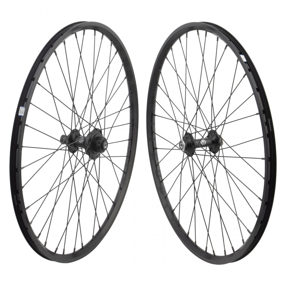 Two black bicycle wheels on a white background