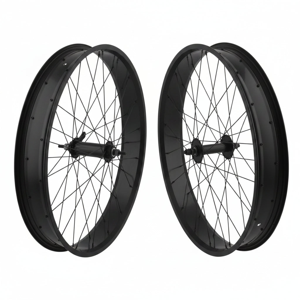 Two bicycle wheels with blue rims, silver spokes, and black hubs, shown side by side on a white background.