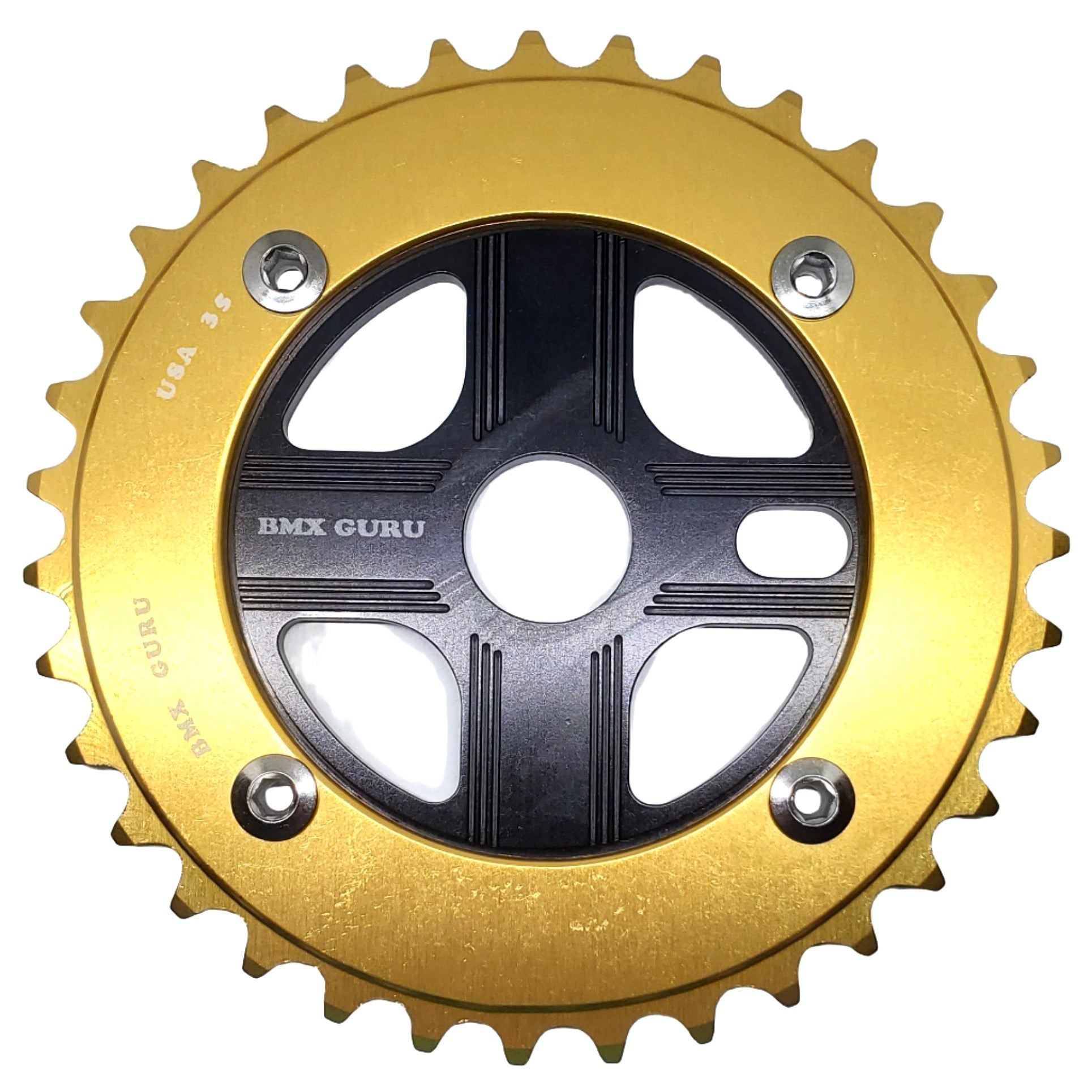 BMXGuru 35T Aluminum Spider & 4-bolt Chainring Combo - Gold over Black - USA Made