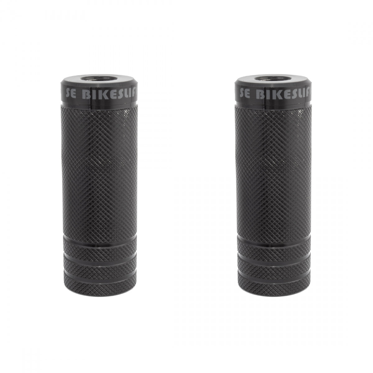 Pair of black bicycle handlebar grips with 'JE BIKES' branding on a white background