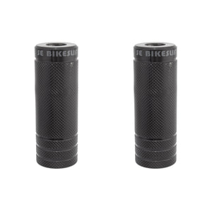 Pair of black bicycle handlebar grips with 'JE BIKES' branding on a white background
