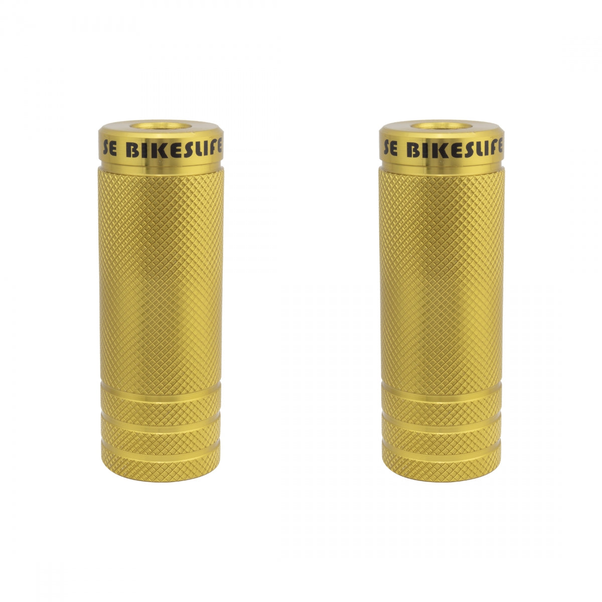 Two yellow bicycle handlebar grips with 'Bikes Life' branding on a white background
