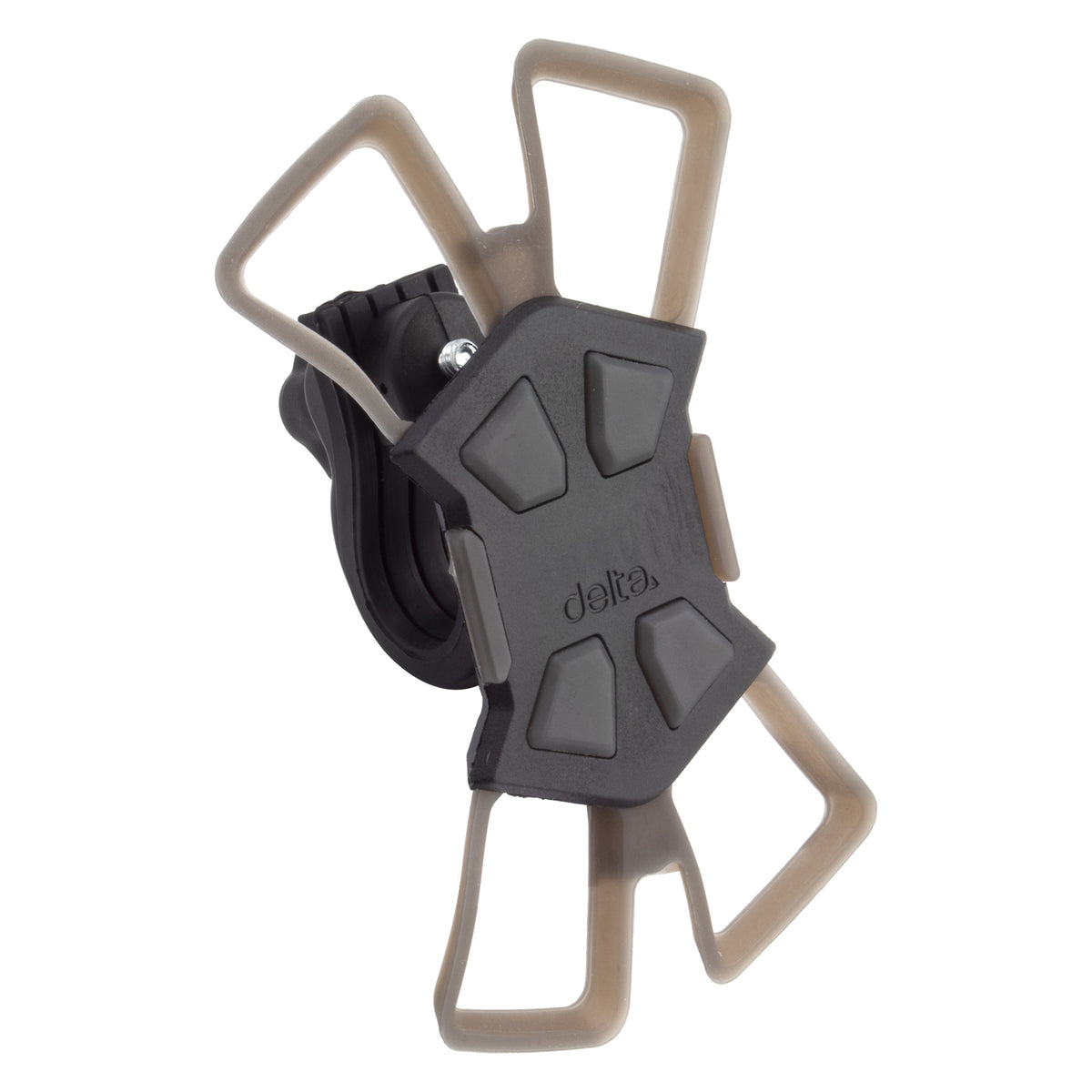 A black and gray Delta brand smartphone holder with a universal design, showing the back side of the holder with the Delta logo.