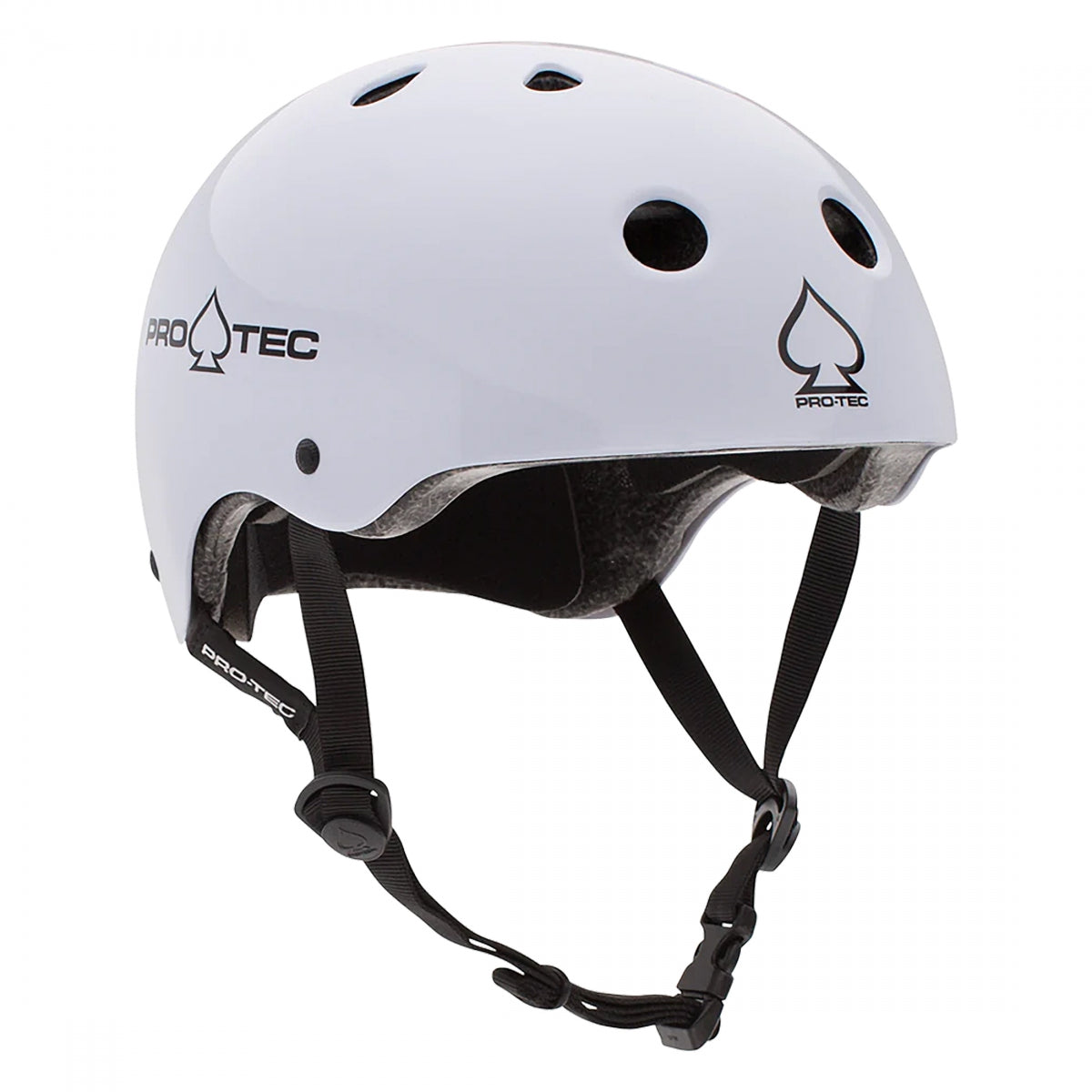 White helmet with black straps on a white background