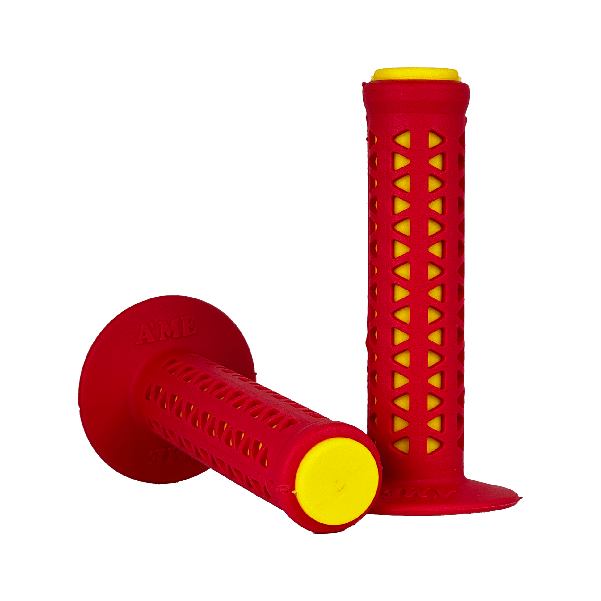AME Unitron re-issue retro BMX grips - Flanged - Red over Yellow - Made in the USA