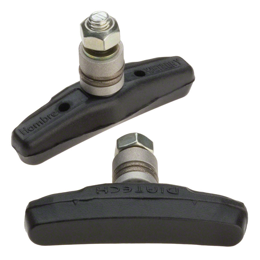Two bicycle brake shoes with metallic components on a white background