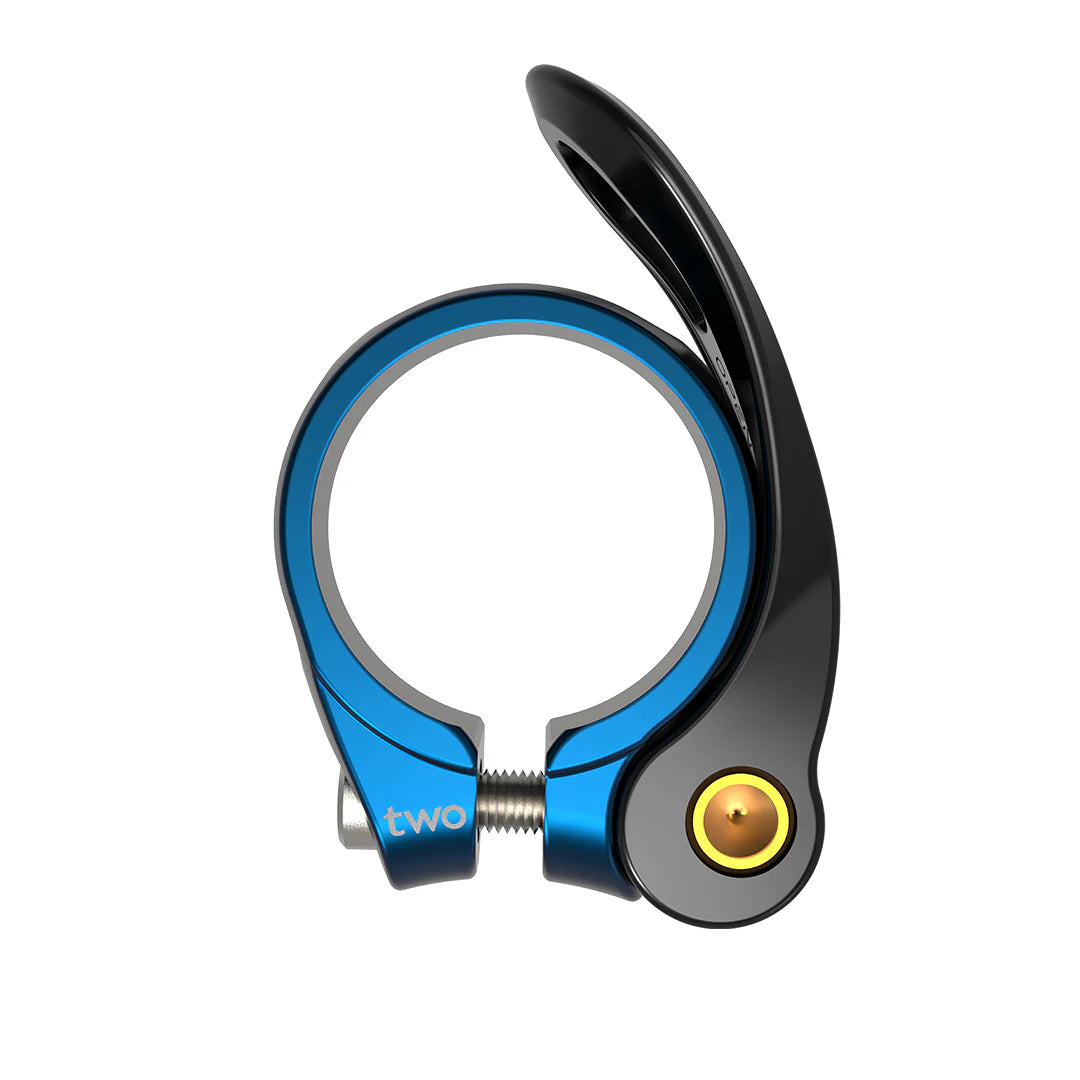 Cycling seat clamp with blue and black design on a white background