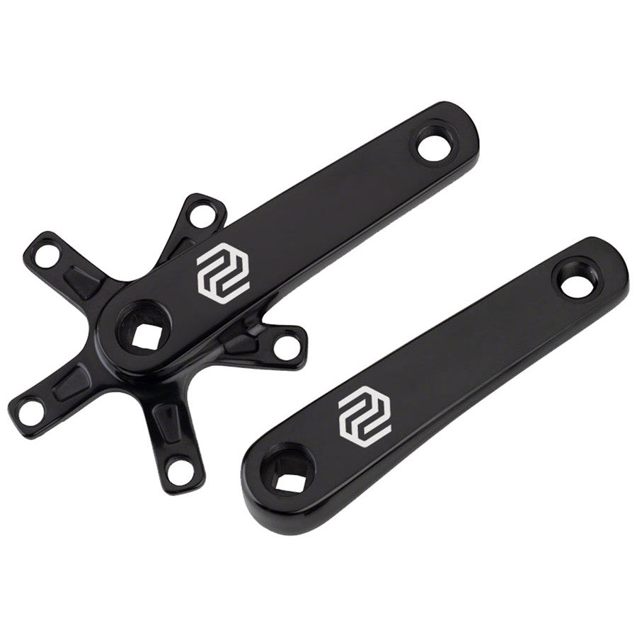 A pair of black square-taper bottom bracket crank arms for a bicycle, designed for BMX or fixie bikes.