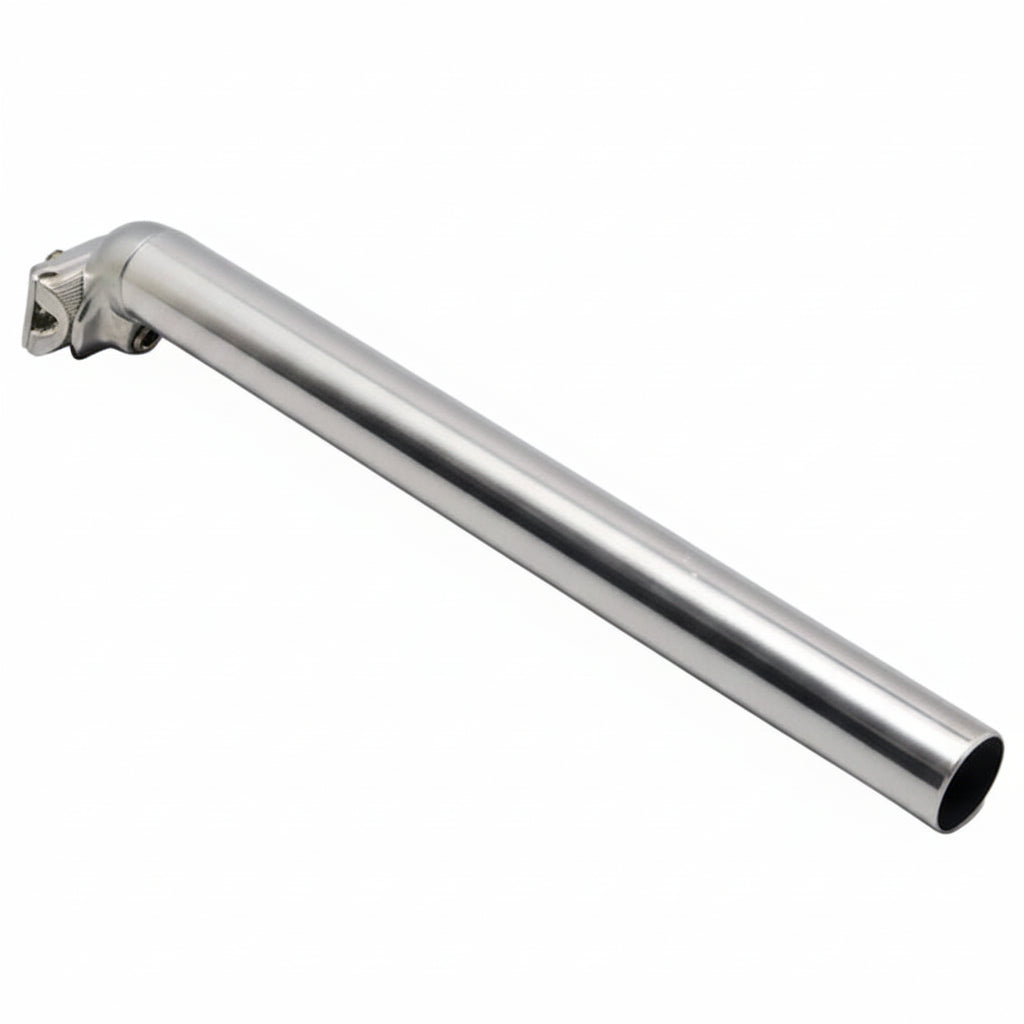Silver metal seat post on a white background