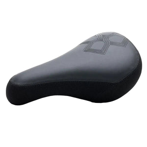 Black bicycle seat with a brand logo on a white background