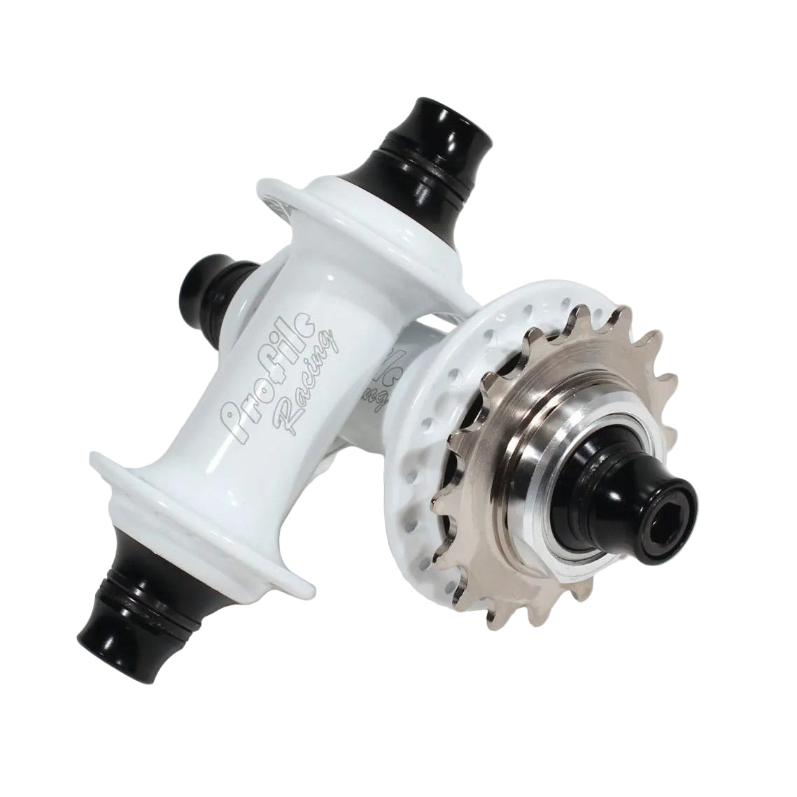 Bicycle hub with white and black design on a light gray background