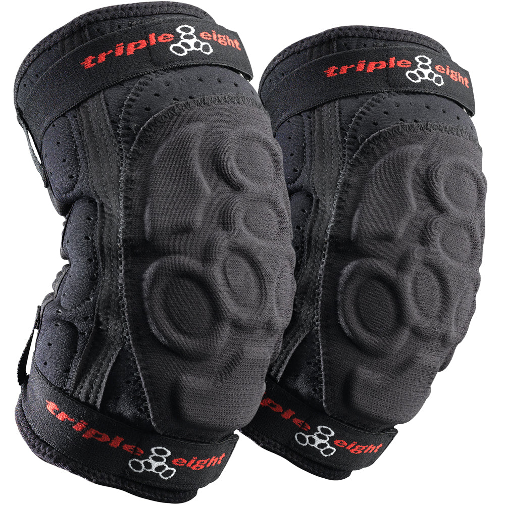 Pair of black knee pads with 'Triple Eight' branding on a white background