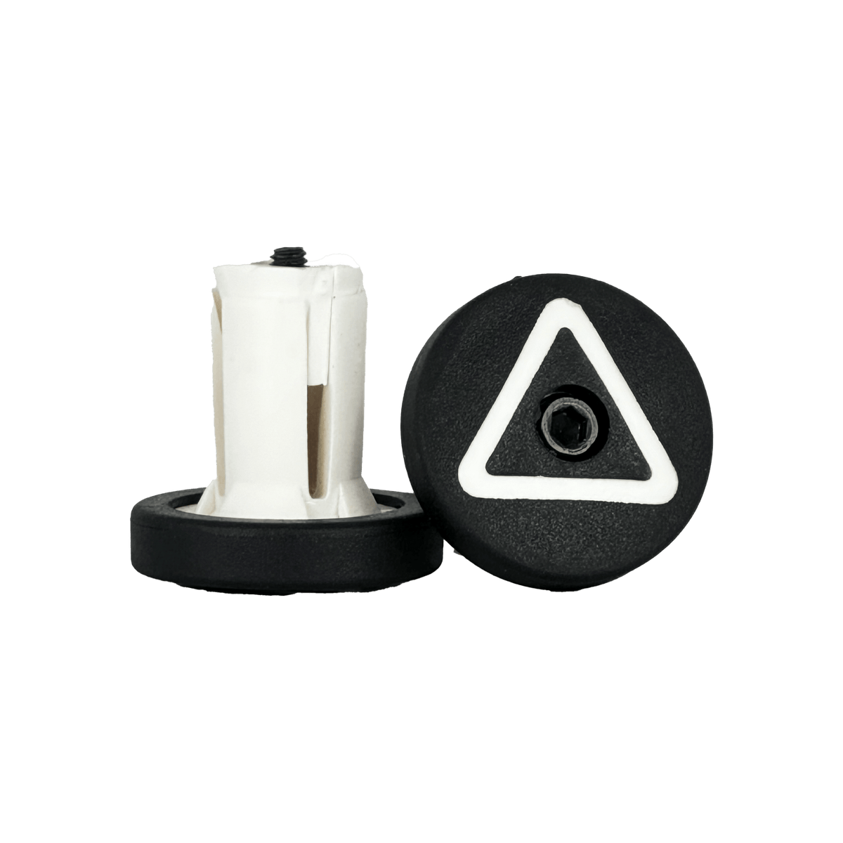 Ame Grip Saver Plus Bar Ends for bicycle handlebars, showing one white and one black bar end with the Ame logo in the center.