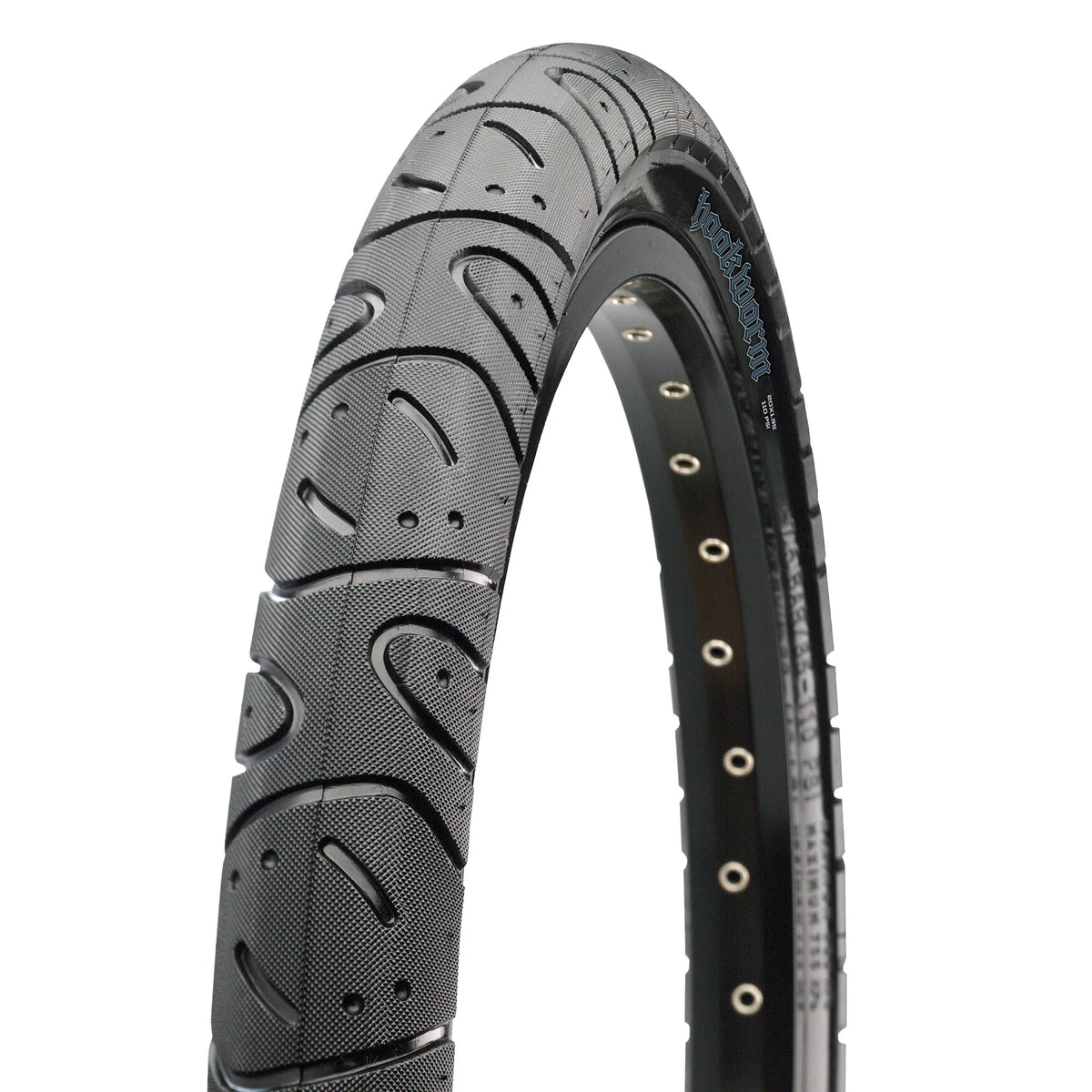 Bicycle tire with tread pattern and brand name on a white background