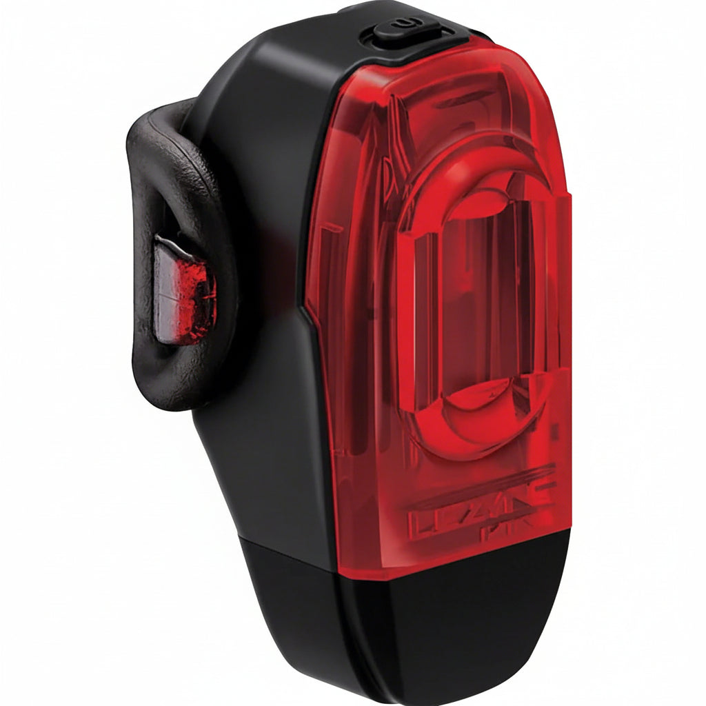Red bicycle tail light with black casing on a white background