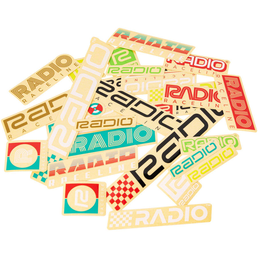 Collection of Radio Racecclin stickers in various colors on a white background