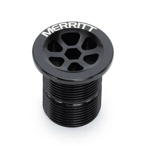 Black threaded metal component with 'Merritt' branding on a white background