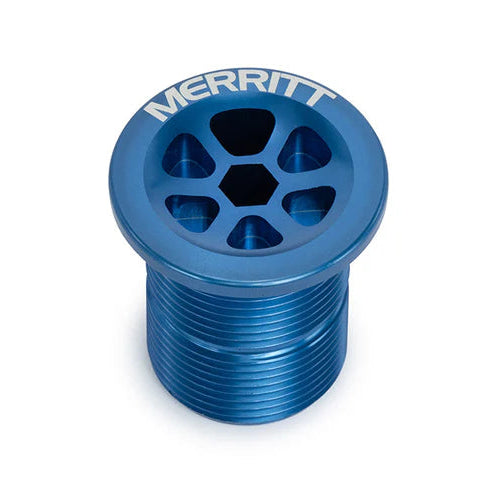 Blue metal component with 'Merritt' branding on a white background