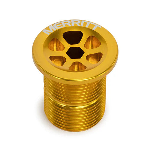 Gold metal plug with 'Merritt' branding on a white background