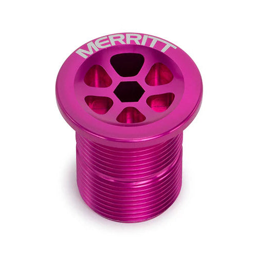 Pink metal component with 'Merritt' branding on a white background