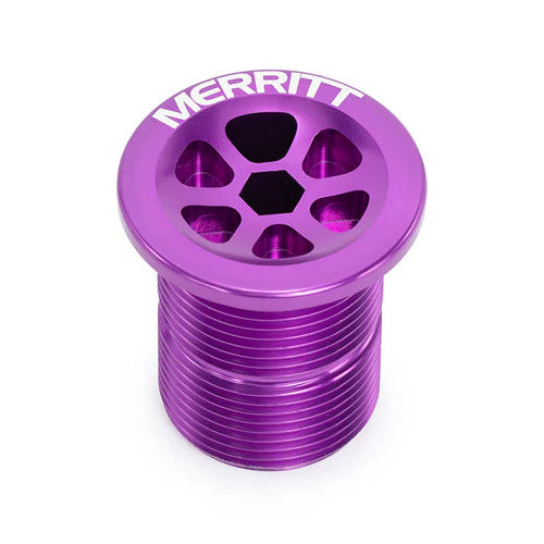 Purple metal component with 'Merritt' branding on a white background