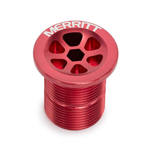 Red metal component with 'Merritt' branding on a white background