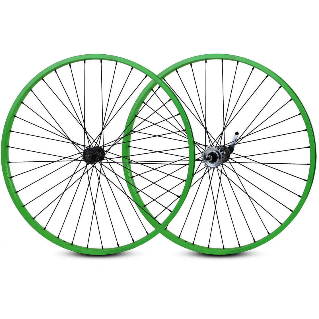 Two bicycle wheels with green rims on a white background