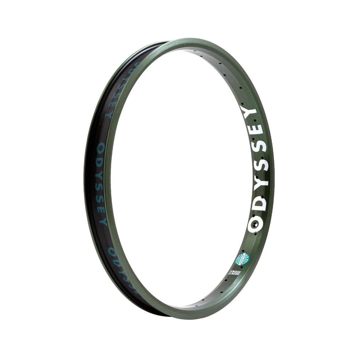 A dark olive green Odyssey bicycle rim shown at an angle on a solid white background.