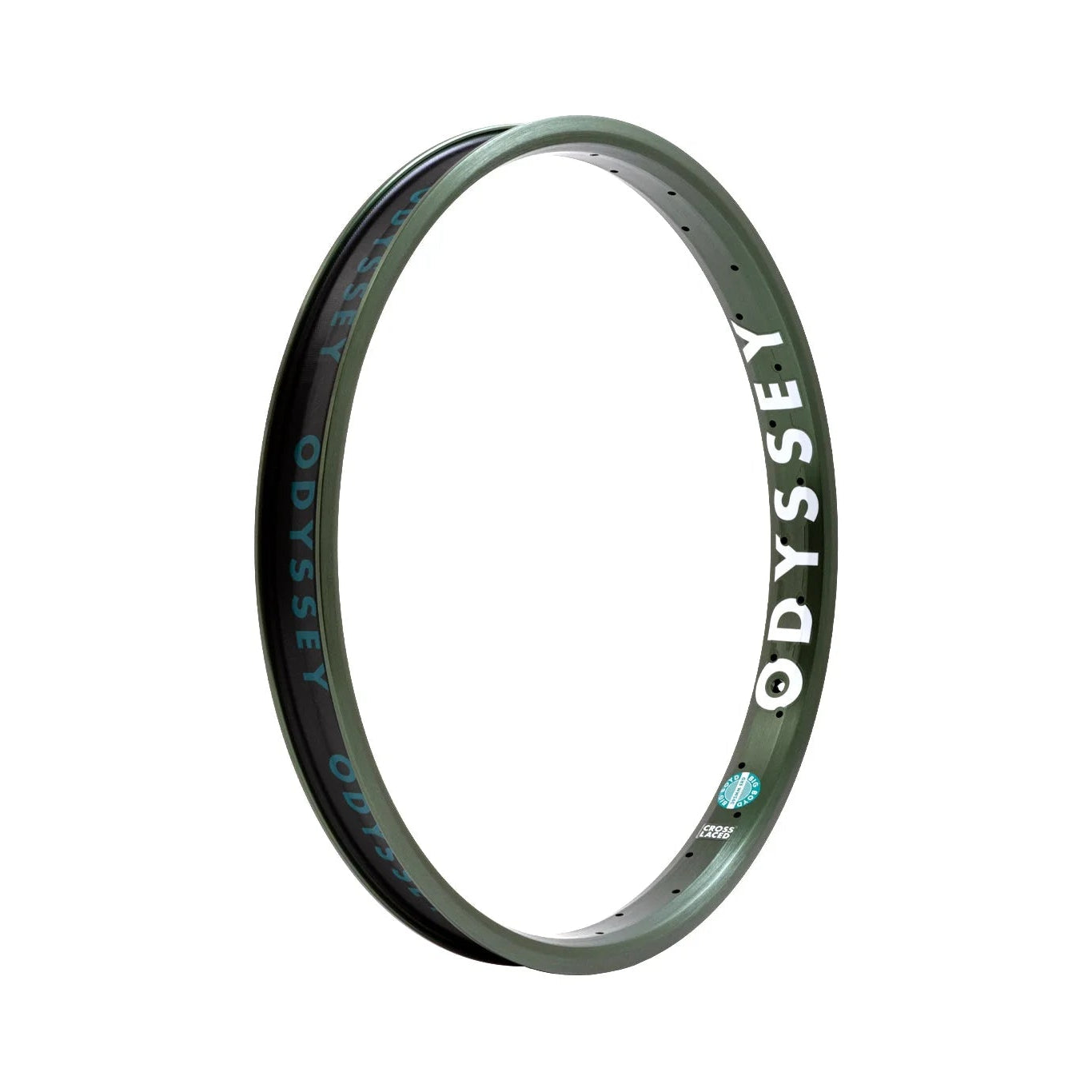 A dark olive green Odyssey bicycle rim shown at an angle on a solid white background.