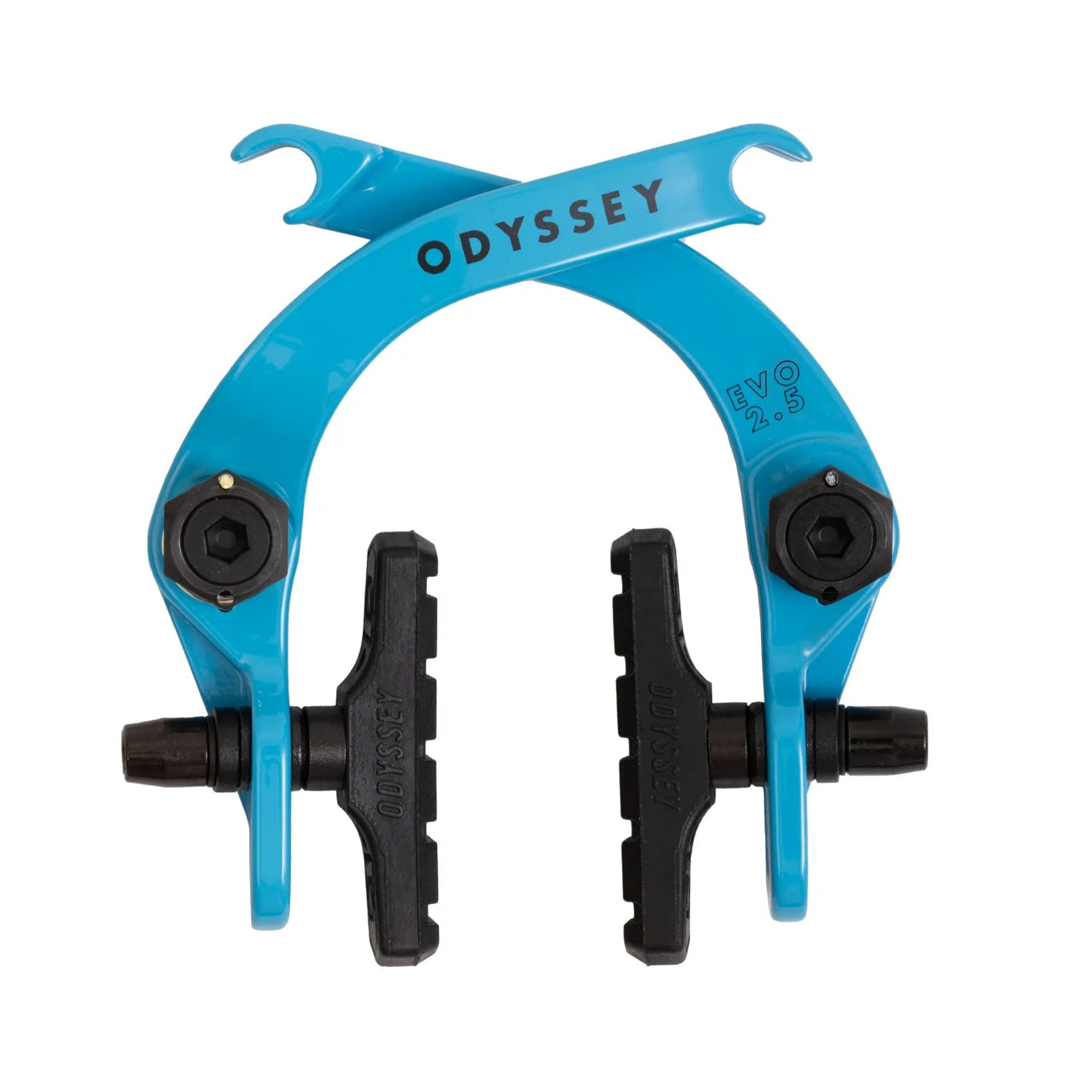 Blue bicycle pedal with black cleats on a white background