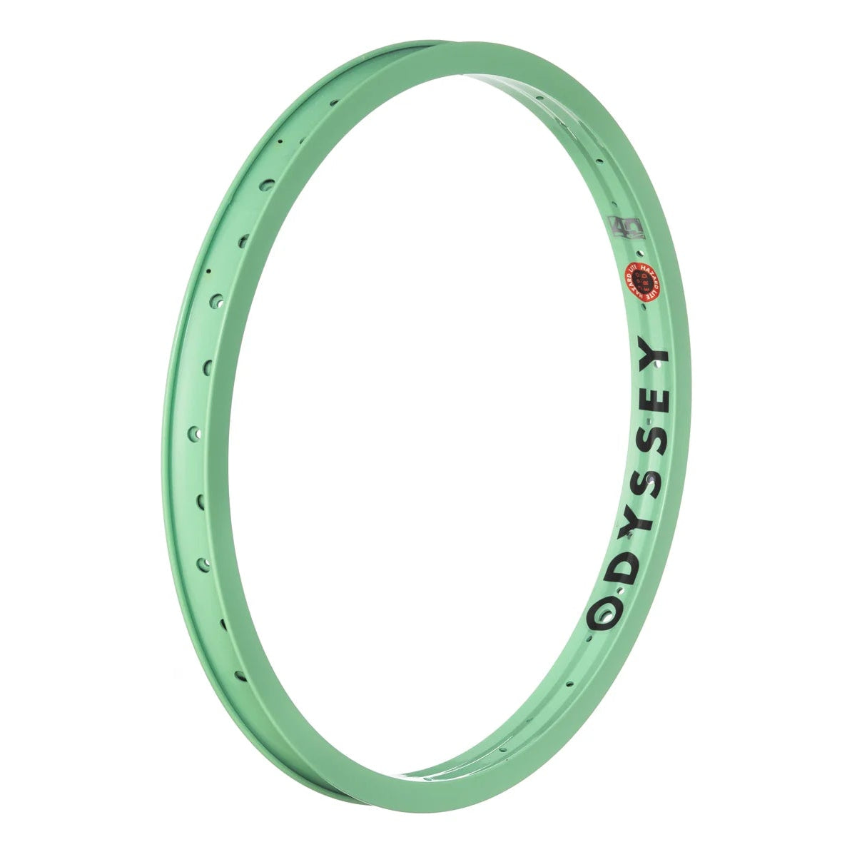 Green bicycle rim with 'Odyssey' branding on a white background