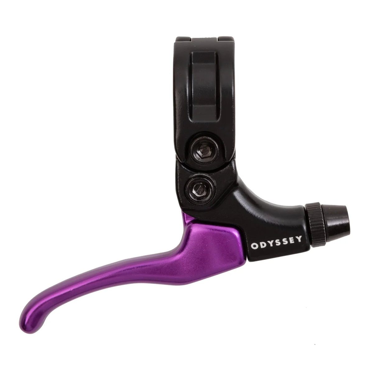 Black and purple bicycle brake lever with 'Odyssey' branding on a white background