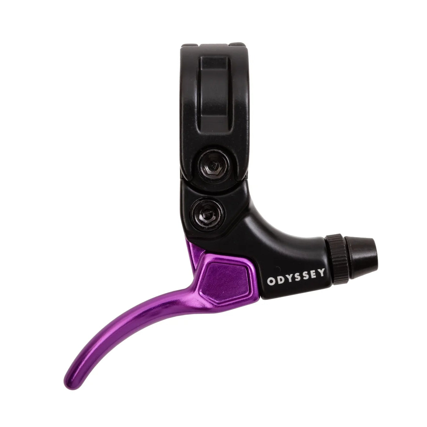 Bicycle brake lever with purple and black design on a white background
