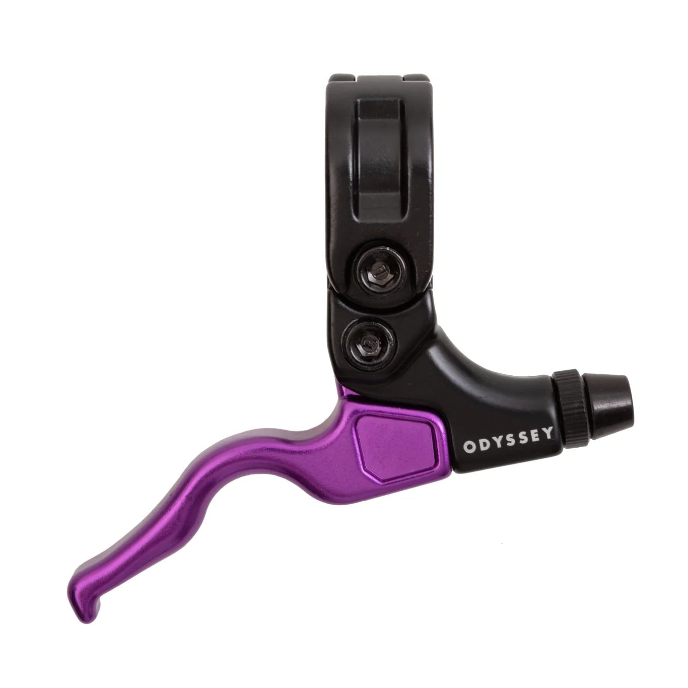 Bicycle brake lever with purple grip and black lever on a white background