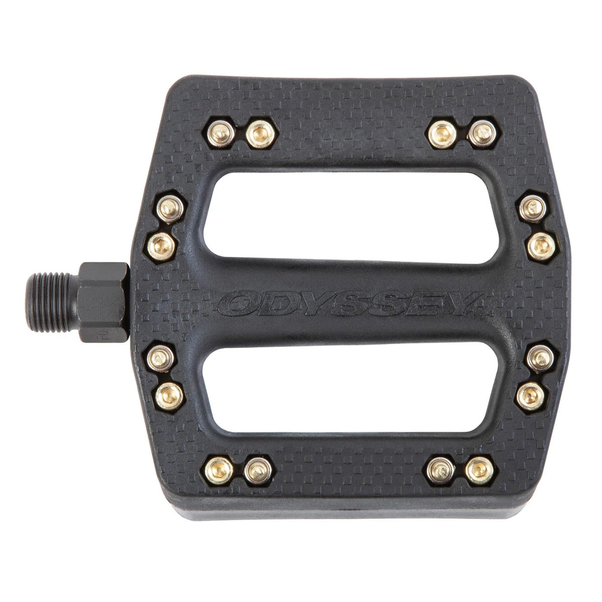 Black bicycle pedal with gold screws on a white background