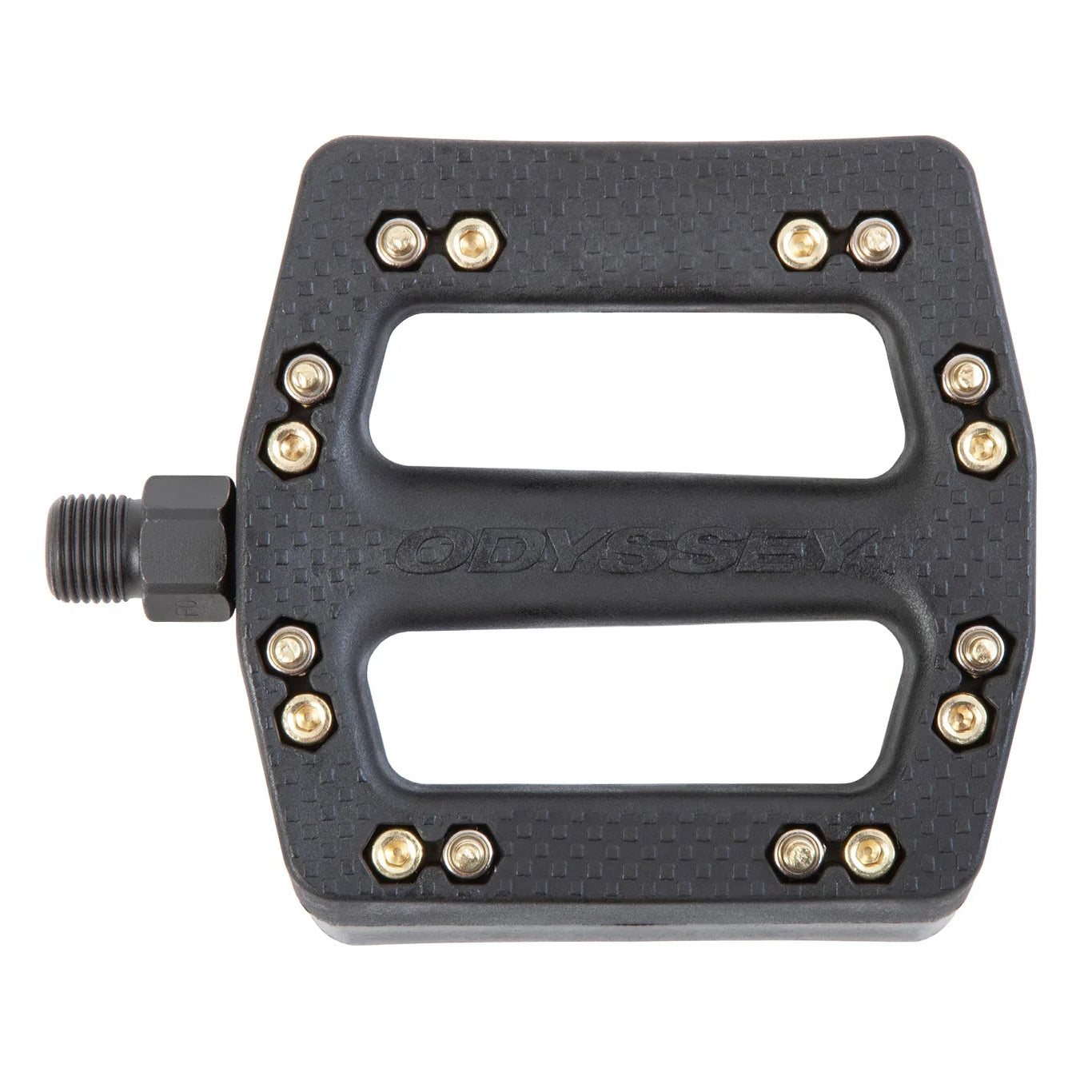 Black bicycle pedal with gold screws on a white background