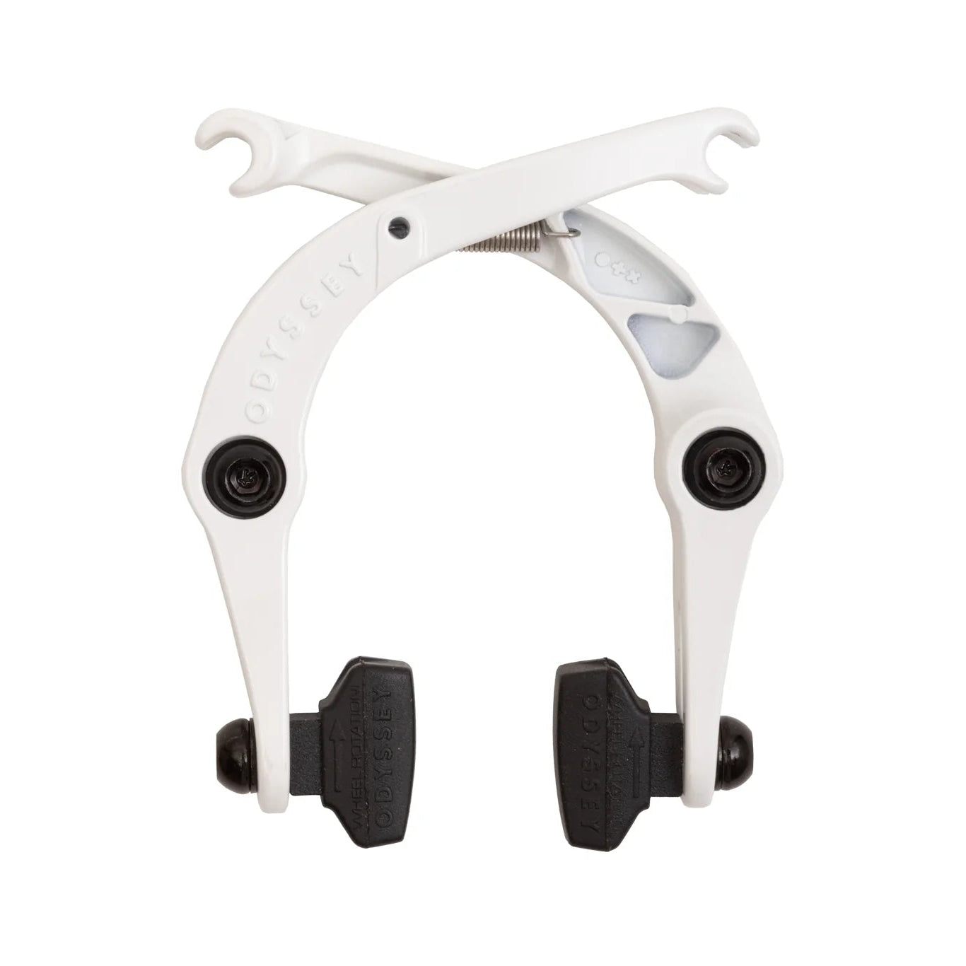 White bicycle brake caliper with black components on a white background