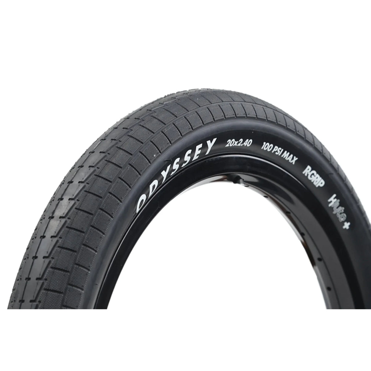 A black Odyssey Super Circuit folding BMX tire with tread pattern and branding visible.