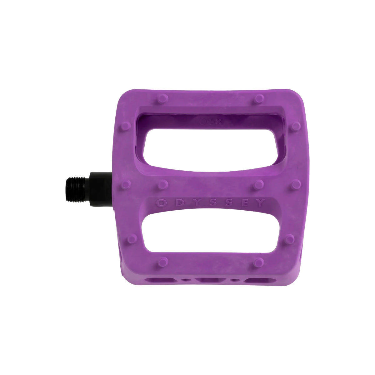 A purple Odyssey bicycle pedal with a black threaded spindle, shown against a plain white background.