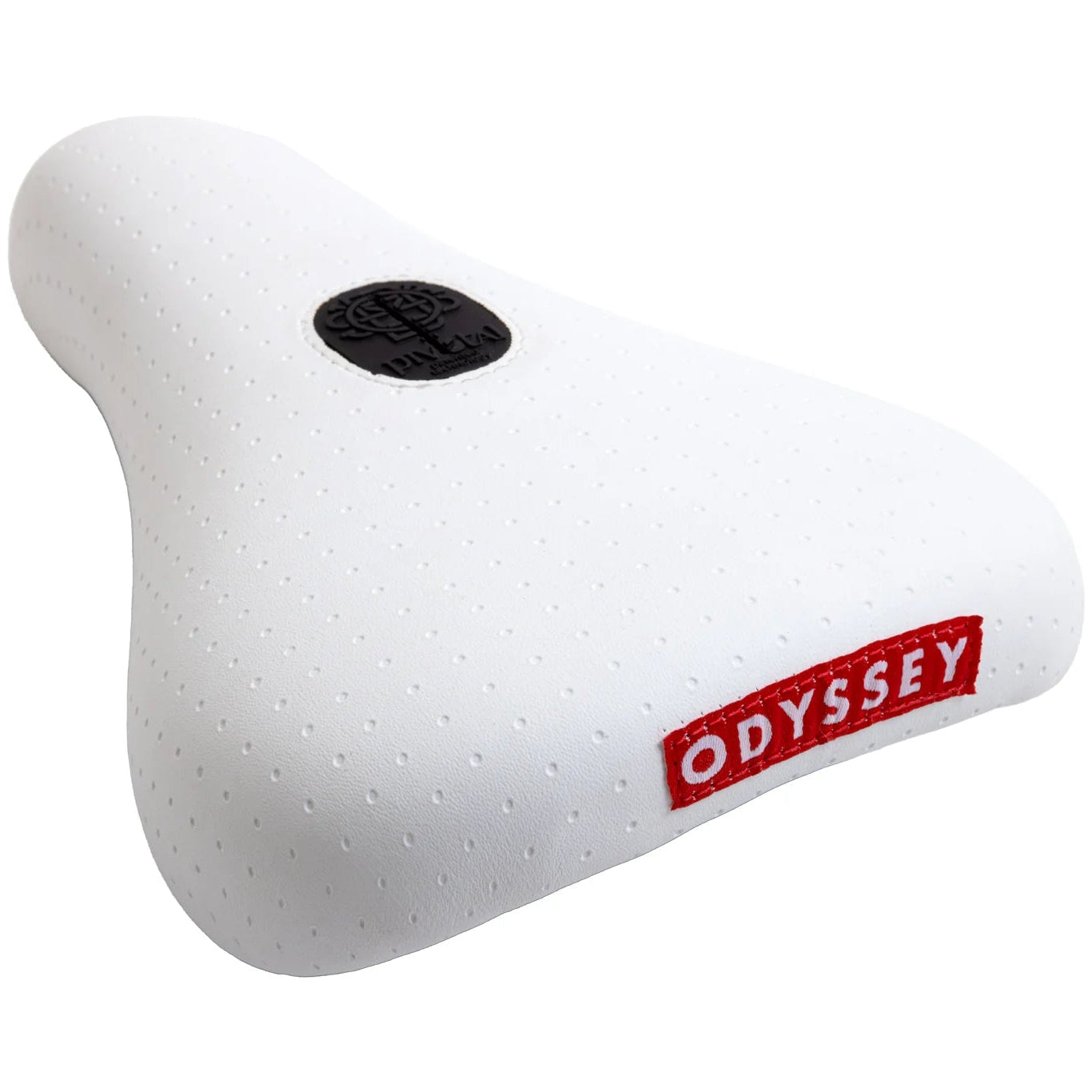 White bicycle seat with Odyssey logo on a white background