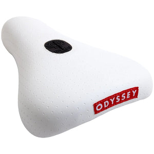White bicycle seat with Odyssey logo on a white background