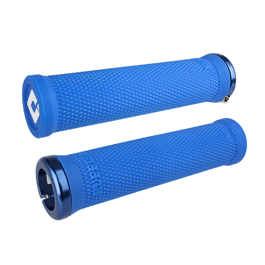 Blue BMX grips on a white background