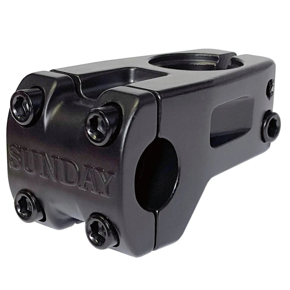 A black metal bicycle stem with the brand name 'SUNDAY' embossed on the side, shown against a plain white background.
