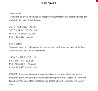 Size chart for knee and elbow pads with measurement guidelines.