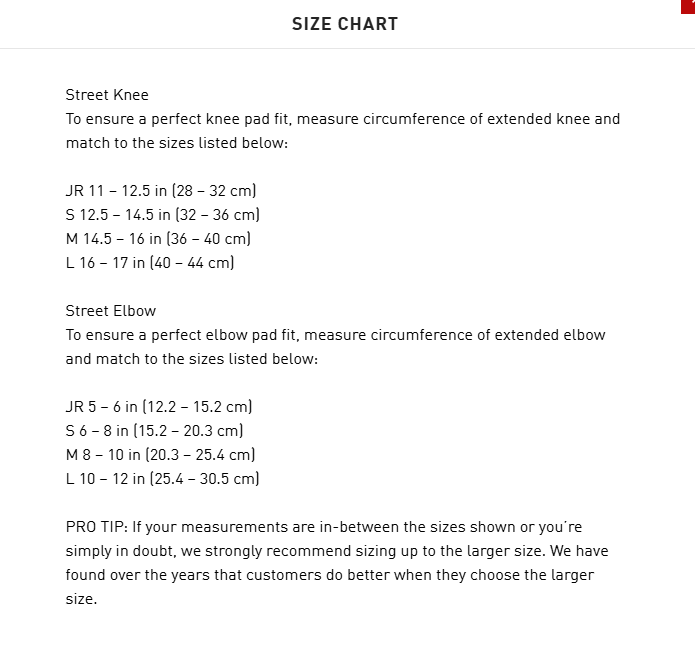 Size chart for knee and elbow pads with measurement guidelines.
